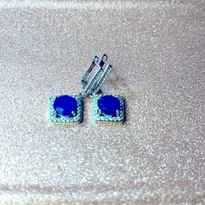 Silver Blue Sapphire Square Drop Earrings